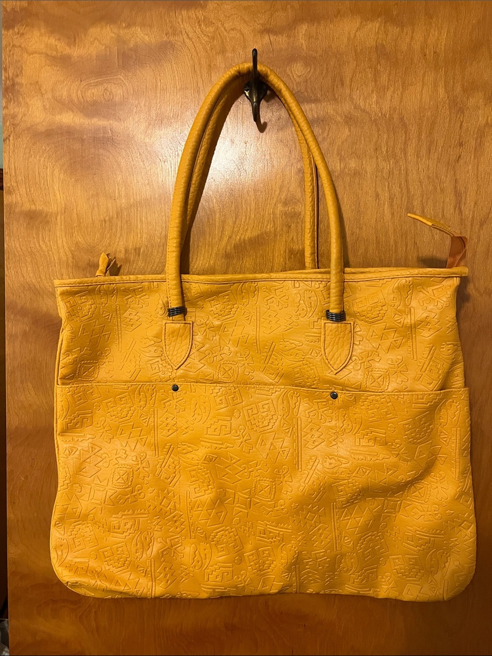 Vintage Embossed Mustard Yellow Tote Bag with Double Handles